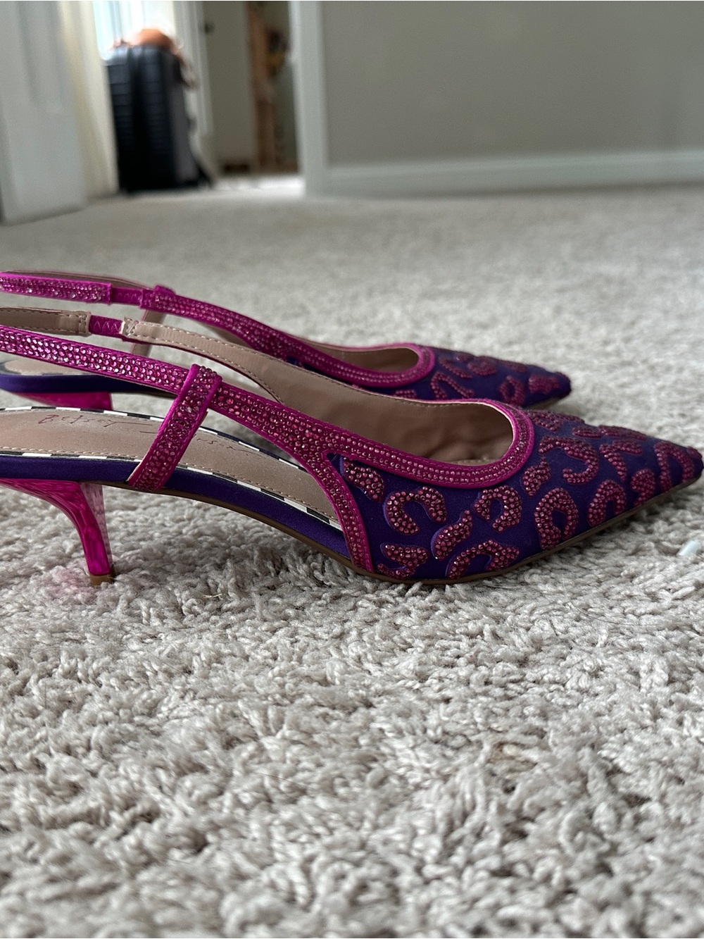 Betsey Johnson Purple with Pink Beaded Leopard Slingback Heels - Picture 2 of 2
